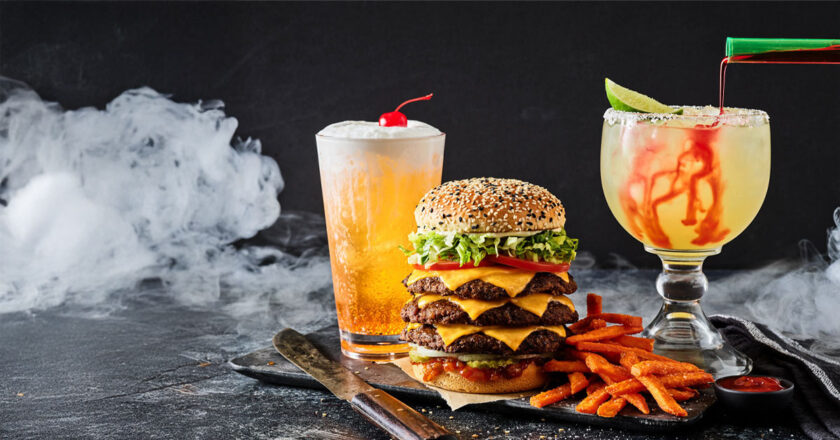 Red Robin's new Mega Monster Burger, Candied Orange Fizzy Soda and Mad Scientist Margarita.