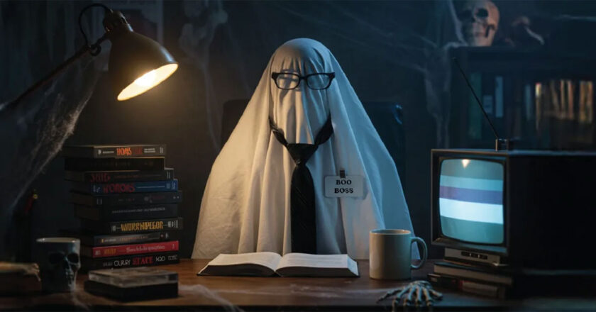 A ghost with a tie and glasses with a badge that says Boo Boss sitting at a desk